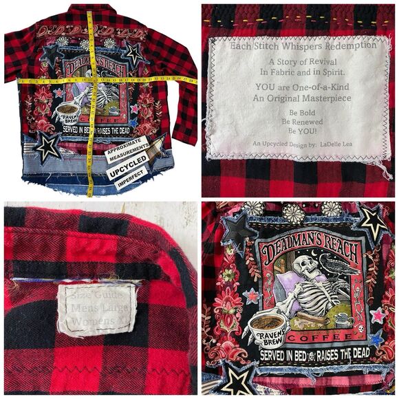 Upcycled Flannel Shirt Shacket Womens XL Jacket Coffee Grunge Patchwork Folk Art - Picture 2 of 16